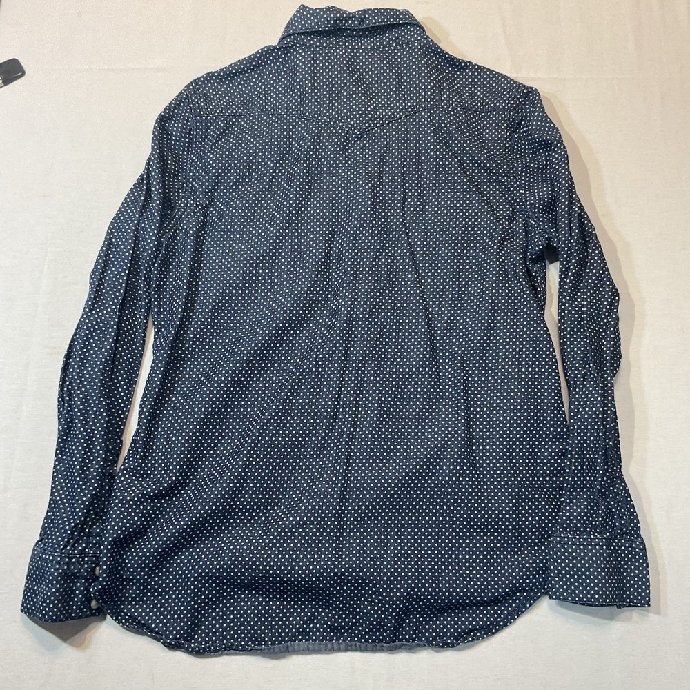 Seven7 Long Sleeve Navy Blue Button Up w/White Polka Dots Size L Breast Pockets